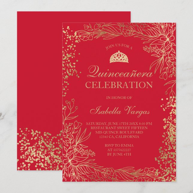 Gold floral red Tiara chic Quinceañera Invitation (Front/Back)