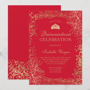 Gold floral red Tiara chic Quinceañera Invitation