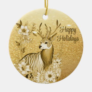  Gold Floral Reindeer Ceramic Tree Decoration