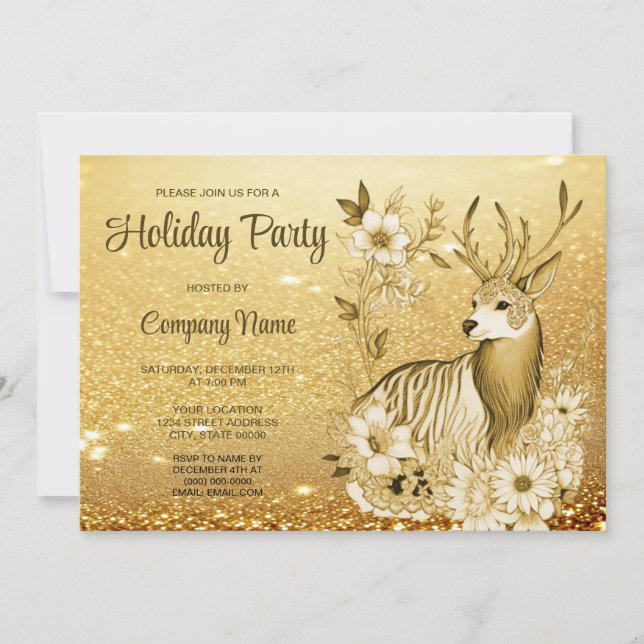 Gold Floral Reindeer Christmas Party Invitation (Front)