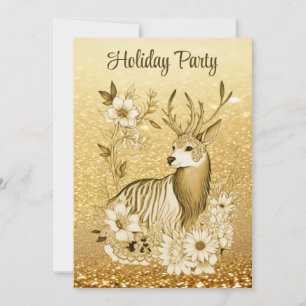 Gold Floral Reindeer Christmas Party Invitation