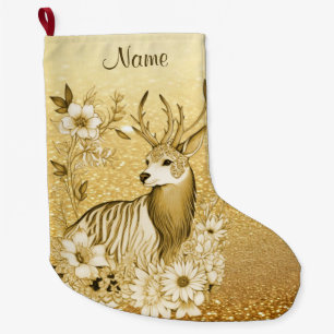 Gold Floral Reindeer Christmas Stocking