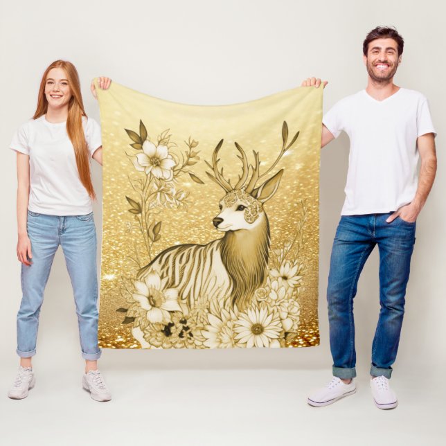 Gold Floral Reindeer Fleece Blanket (In Situ)
