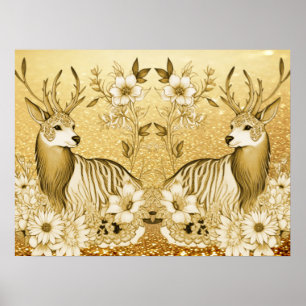Gold Floral Reindeer Holiday Poster