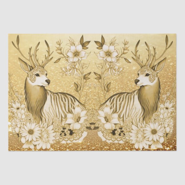  Gold Floral Reindeer Holiday Tissue Paper (Front)