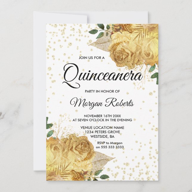 Gold Floral Rose Quinceanera Party Inite Invitation (Front)
