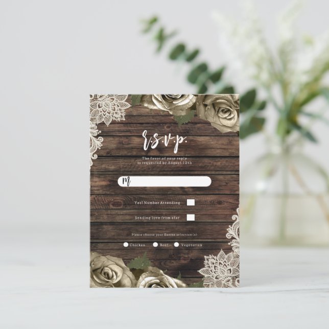Gold Floral Roses Rustic Barn Wood Wedding RSVP Invitation (Standing Front)
