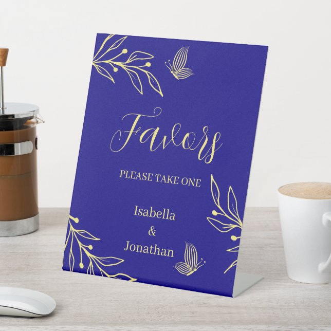 gold floral royal blue wedding favours table  pedestal sign (In SItu)