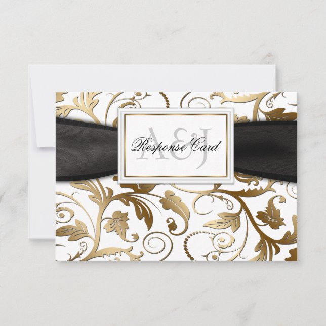 Gold Floral RSVP with Black Bow Card (Front)