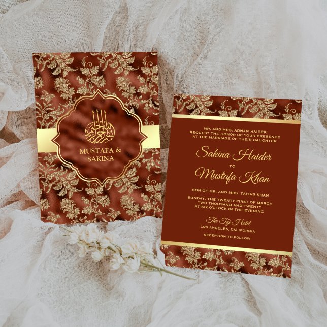 Gold Floral Rust Orange Islamic Muslim Wedding Invitation (Creator Uploaded)