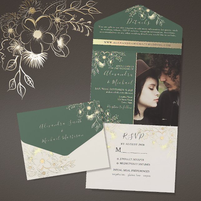 Gold Floral Sage Green Photo Wedding All In One Invitation (Creator Uploaded)