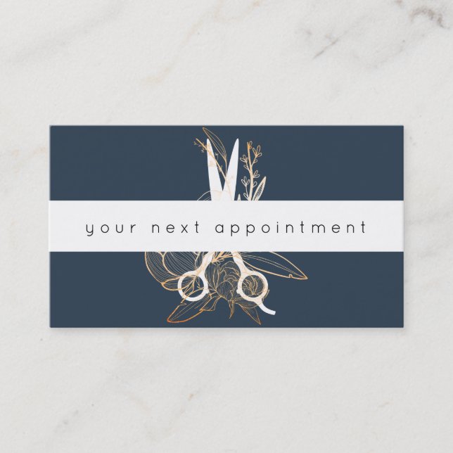 Gold Floral Salon Scissors Logo Appointment Business Card (Front)