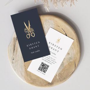 Gold Floral Scissors Logo QR Code Hairstylist Business Card