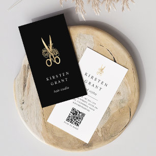 Gold Floral Scissors Logo QR Code Hairstylist Business Card