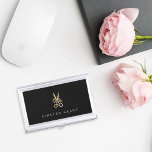 Gold Floral Scissors Personalised Hairstylist Business Card Holder<br><div class="desc">Elegant business card holder for hairstylists or salon owners features your name and/or business name in classic white lettering on a black background adorned with a pair of floral-embellished scissors in faux gold foil. Makes a beautiful personalised gift for a hairstylist or cosmetology school graduate.</div>