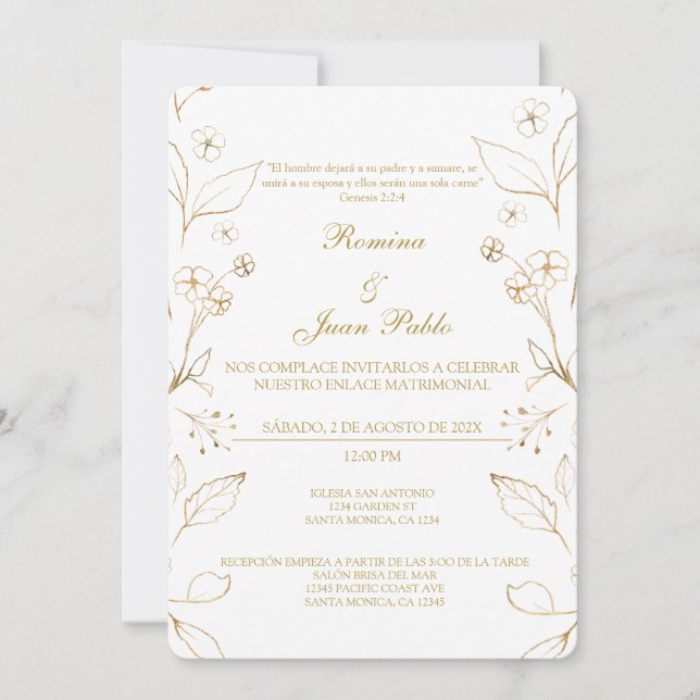 Gold Floral Spanish Wedding Invitation (Front)