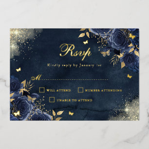 Gold Floral Sparkle Butterfly Navy Quinceanera