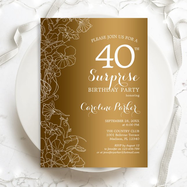 Gold Floral Surprise 40th Birthday Party Invitation (Creator Uploaded)