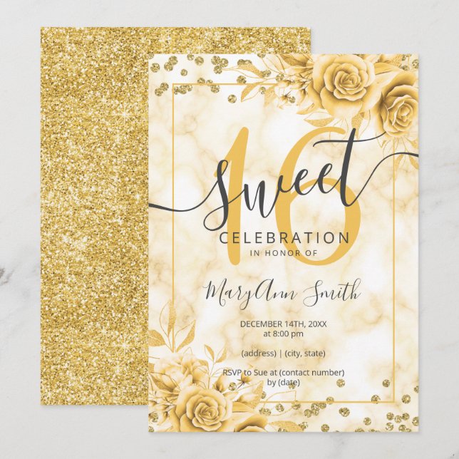Gold Floral Sweet 16 Birthday Marble Glitter Invitation (Front/Back)