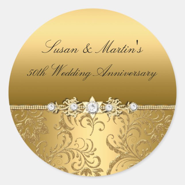 Gold Floral Swirl 50th Wedding Anniversary Sticker (Front)