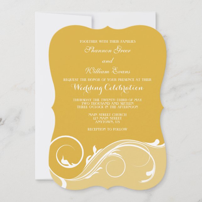 Gold Floral Swirl Bracket Wedding Invites (Front)