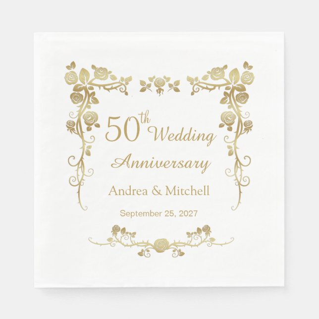 Gold Floral Swirls 50th Wedding Anniversary Napkin (Front)