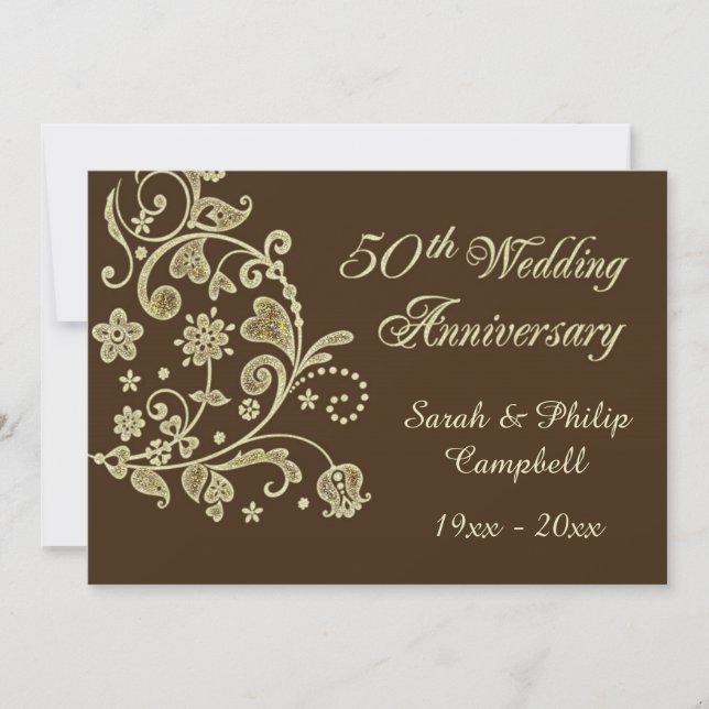 Gold floral swirls, hearts 50 Wedding Anniversary Invitation (Front)