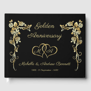 Gold Floral Swirls Hearts 50th Wedding Anniversary Guest Book