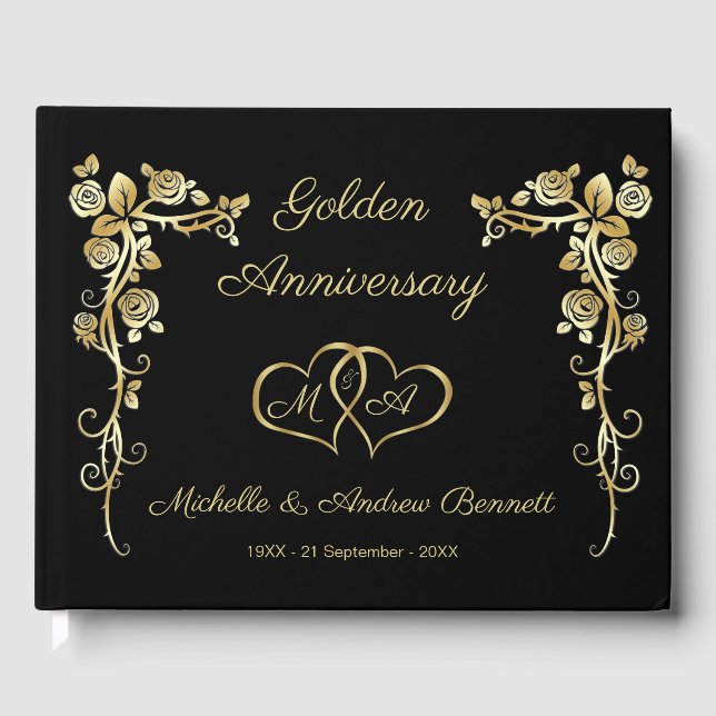 Gold Floral Swirls Hearts 50th Wedding Anniversary Guest Book (Front)