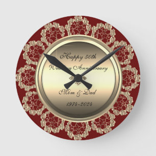  Gold Floral Swirls  Red 50th Wedding Anniversary  Round Clock