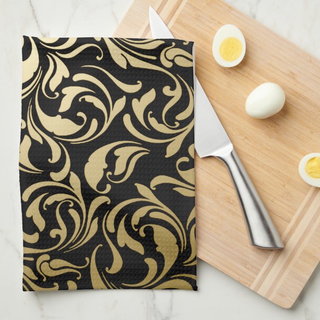 Gold Floral Swirls Tea Towel (Quarter Fold)