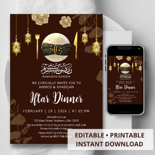 Gold Floral Tableware Ramadan Iftar Dinner Invitation