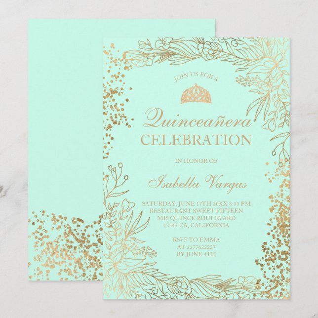 Gold floral teal aqua Tiara chic Quinceañera Invitation (Front/Back)