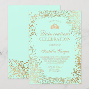 Gold floral teal aqua Tiara chic Quinceañera Invitation