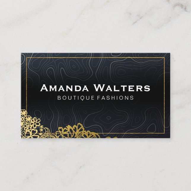 Gold Floral | Topographic Lines Background Business Card (Front)