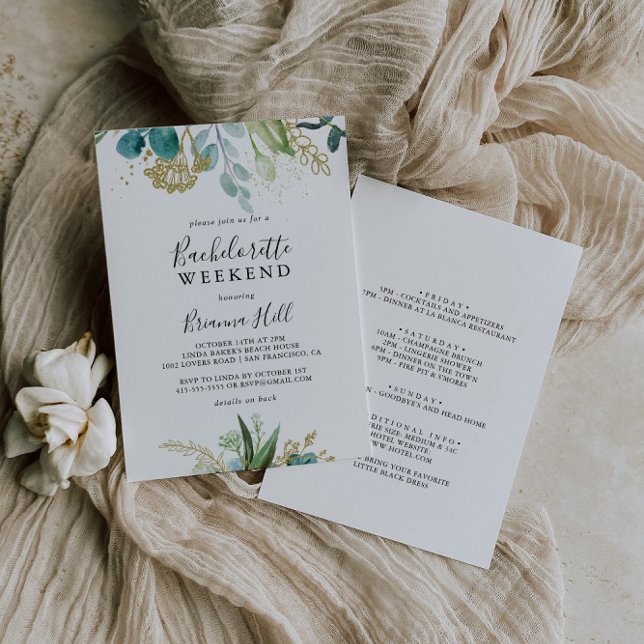Gold Floral Tropical Green Bachelorette Weekend Invitation (Creator Uploaded)