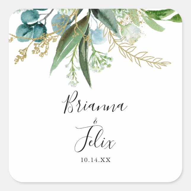 Gold Floral Tropical Green Wedding Envelope Seals (Front)