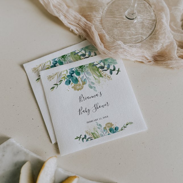 Gold Floral Tropical Greenery Baby Shower Napkin (Creator Uploaded)