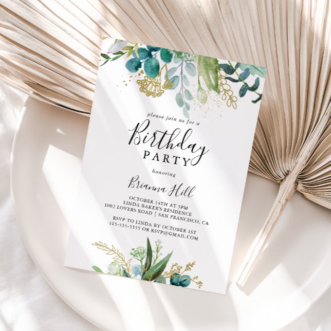 Gold Floral Tropical Greenery Birthday Party Invitation (Creator Uploaded)