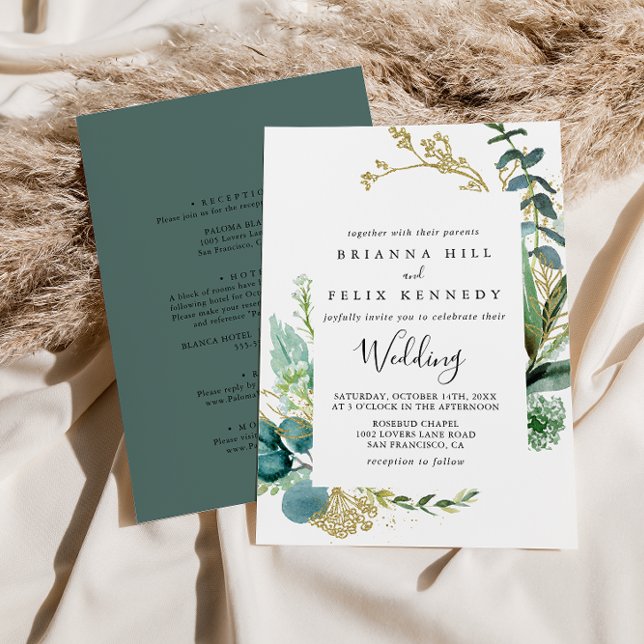 Gold Floral Tropical Greenery Front & Back Wedding Invitation (Creator Uploaded)
