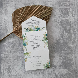 Gold Floral Tropical Greenery Wedding All In One Invitation