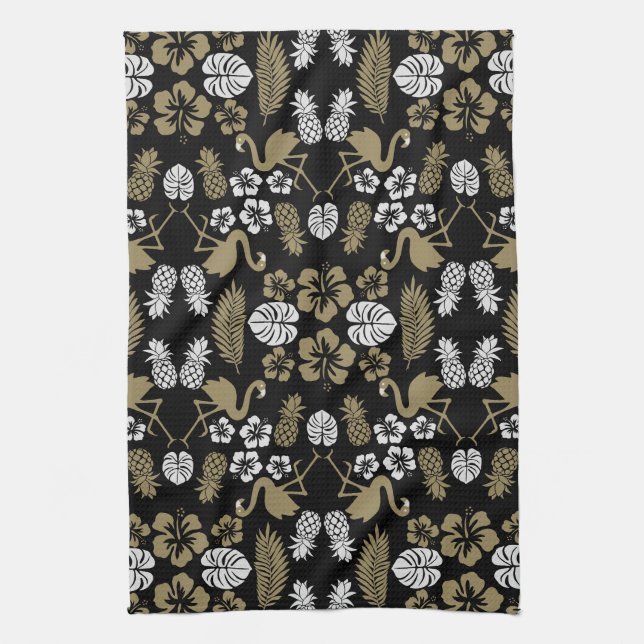 Gold Floral Tropical Patterned Tea Towel (Vertical)