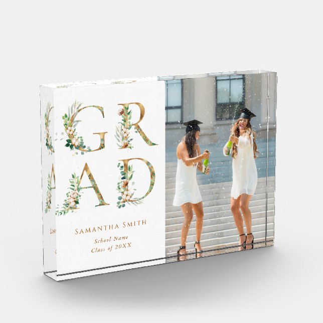 Gold Floral Typography Modern Graduation Photo Block (Left)