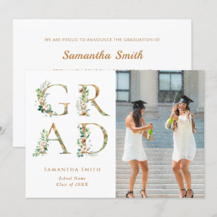 Gold Floral Typography Modern Photo Graduation Announcement