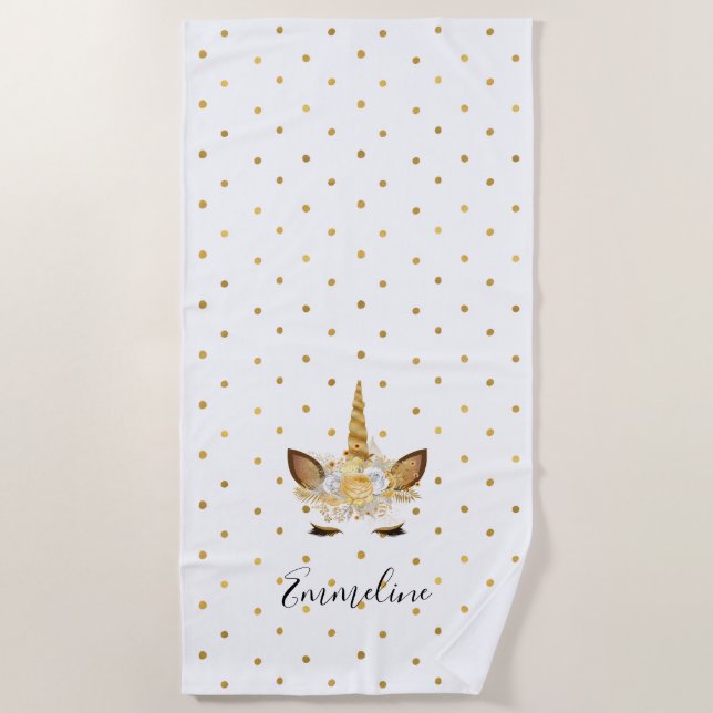 Gold Floral Unicorn Beach Towel (Front)