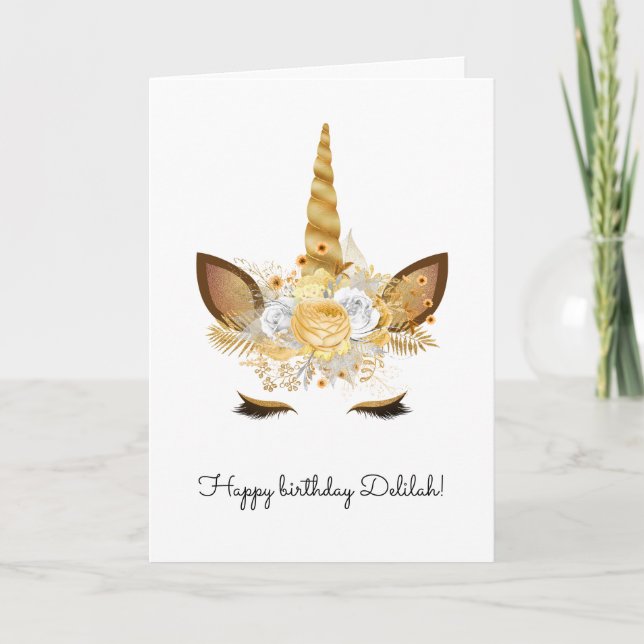 Gold Floral Unicorn Birthday Card (Front)