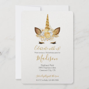 Gold Floral Unicorn Birthday Invitation