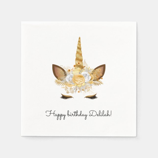 Gold Floral Unicorn Birthday Napkin (Front)