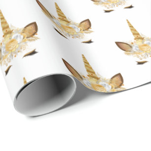 Gold Floral Unicorn Wrapping Paper
