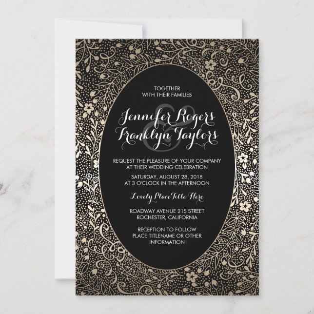 Gold Floral Vintage Black Wedding Invitations (Front)